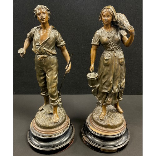 142 - A pair of French bronzed spelter figures, titled Lavandiere and Jardinere, black plinth bases, 40cm ... 