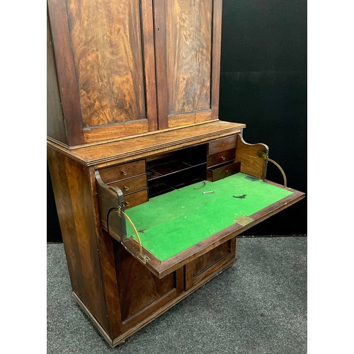 159 - A George III mahogany secretaire bookcase, outswept cornice to top above a pair of well-figured maho... 