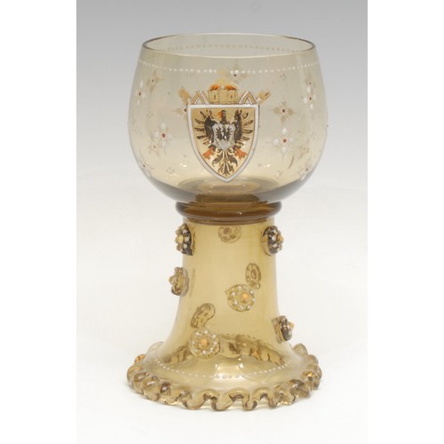 170 - A Kaiser Wilhelm II commemorative green glass and enamel goblet, bearing the coat of arms of the Hou... 