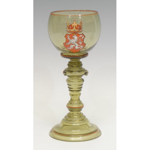 170 - A Kaiser Wilhelm II commemorative green glass and enamel goblet, bearing the coat of arms of the Hou... 