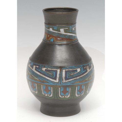 174 - A Chinese bronze and champlevé enamel ovoid vase, decorated with geometric patterns in tones of whit... 