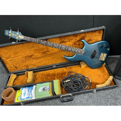 188 - A 1980s Aria Pro II electric bass guitar, electric blue, serial no 3086012, hard cased with leads, t... 