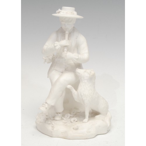 22 - A pair of Rockingham biscuit figures, of a boy playing a flute seated beside a dog and a seated girl... 