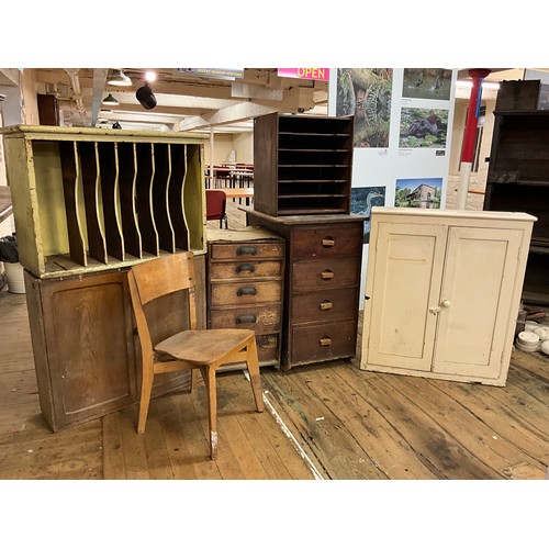 7 - Work shop and office fittings / furniture - a pine chest of five graduated drawers;  six compartment... 