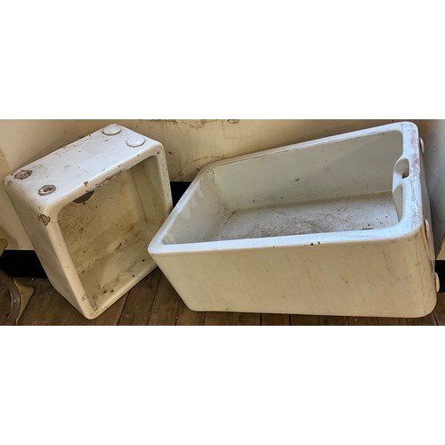 9 - A large Belfast sink, 26cm deep x 71cm x 47cm;  another smaller, 21cm high x 46cm x 39cm, (2).