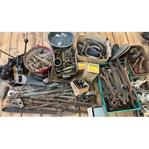 18 - Industrial tools and equipment - a quantity of large spanners, auger drill bits, vice, etc.