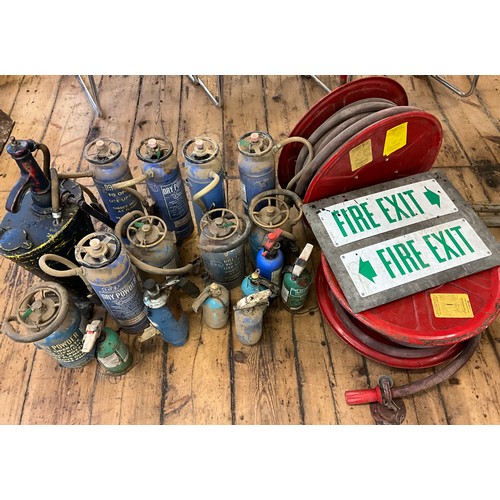 23 - Two large fire hose reels, fire exit sign, fire extinguishers, water pump etc, (all for interest and... 