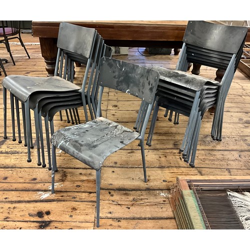 36 - Thirteen vintage steel framed stacking chairs, and bistro table, (14).