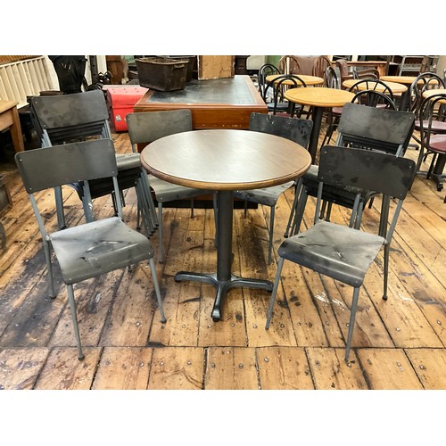 36 - Thirteen vintage steel framed stacking chairs, and bistro table, (14).