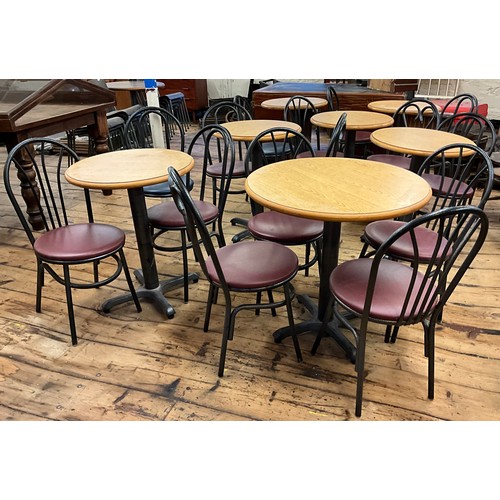 43 - Cafe bistro tables and chairs - six tables measuring 76cm high x 60.5cm diameter, and another slight... 