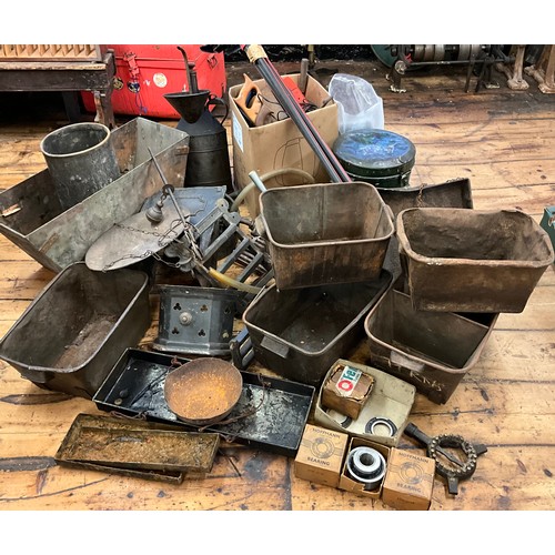 46 - Metal ware - a large cast iron hanging scale;  Hoffman bearings, boxed;  metal troughs;  tools, span... 