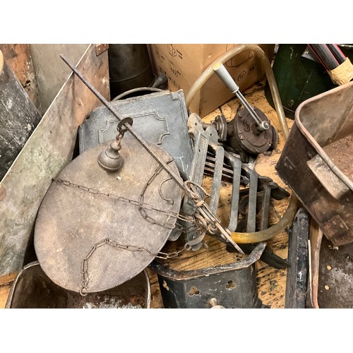 46 - Metal ware - a large cast iron hanging scale;  Hoffman bearings, boxed;  metal troughs;  tools, span... 