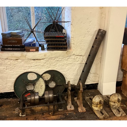 48 - Textile and thread making equipment - two wool winding swifts, a loom stepped drive wheel;  etc.