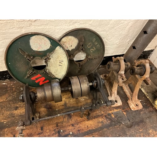 48 - Textile and thread making equipment - two wool winding swifts, a loom stepped drive wheel;  etc.