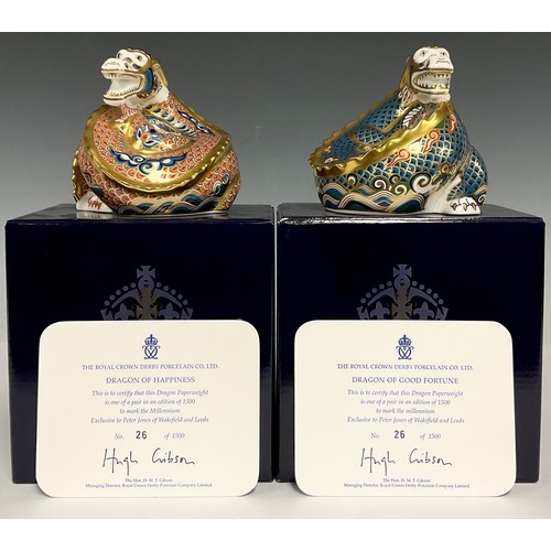 5006 - A pair of Royal Crown Derby paperweights, Dragon of Happiness and Dragon of Good Fortune, to mark th... 