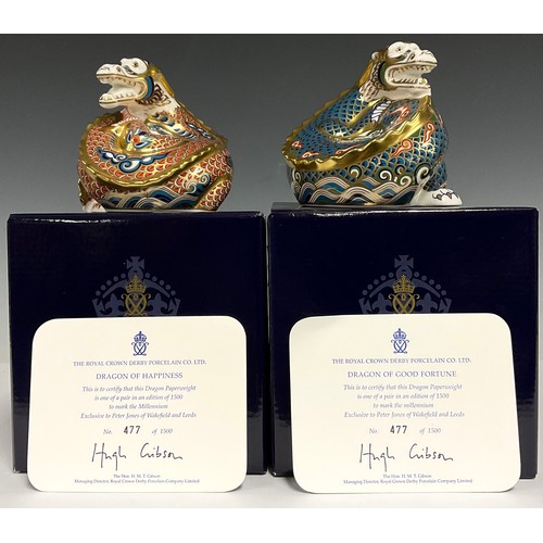 5007 - A pair of Royal Crown Derby paperweights, Dragon of Happiness and Dragon of Good Fortune, to mark th... 