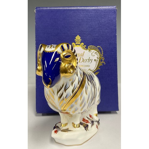 5139 - A Royal Crown Derby paperweight, Ram, gold stopper, 14cm high, printed mark in red, boxed