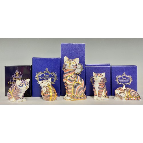 5036 - A Royal Crown Derby paperweight, Cat, gold stopper, 13cm, printed mark in red, boxed; others, Kitten... 