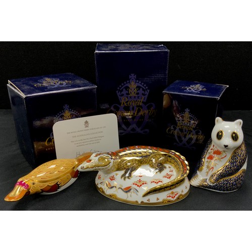 83 - Royal Crown Derby paperweights including; Crocodile, gold stopper, Duck-billed platypus, with gold s... 