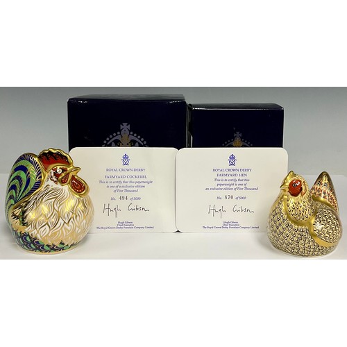 5194 - An associated pair of Royal Crown Derby paperweights, Farmyard Cockerel, limited edition 494/5,000, ... 