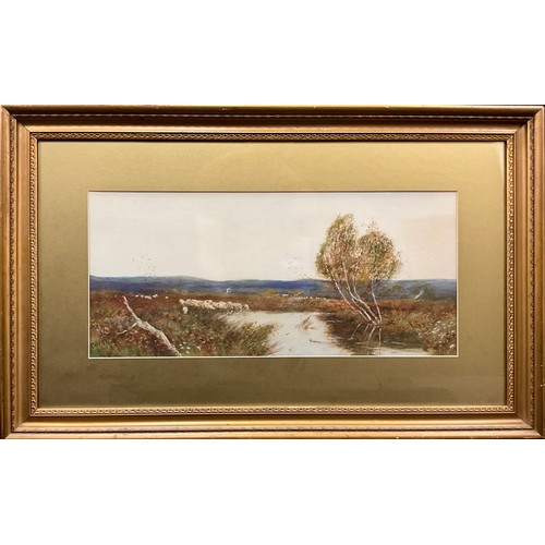 248 - Frederick Hines (fl. 1875-1897), Heathland Pool, with Flock of Sheep, signed, watercolour, 24.5cm x ... 