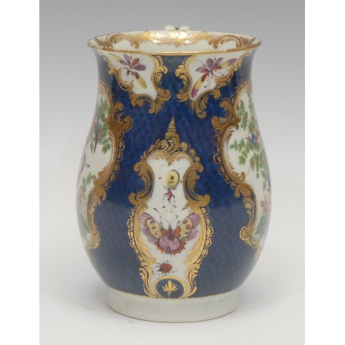 95 - A large Worcester bell shaped mug, painted with fanciful birds within gilt cartouches, the scale blu... 