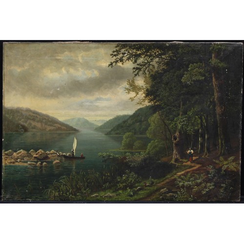 269 - Style of William Sawyer (1820–1889) 
The Boating Lake 
indistinctly signed, oil on canvas, 66cm x 99... 