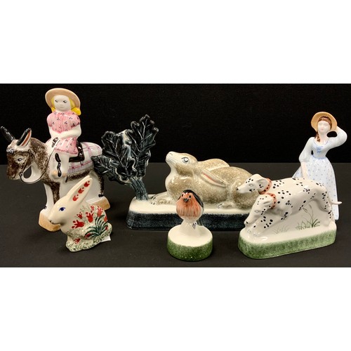 332 - Rye pottery including; Recumbent rabbit on rectangular plinth, 20cm long, pair of dalmatians, 15cm l... 