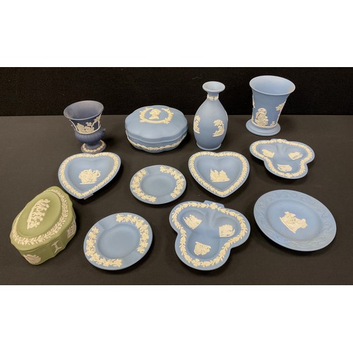 338 - Wedgwood jasperware including; powder blue trinket trays, vases and boxes; etc