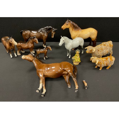 348 - Beswick animals  - Highland Pony 1644, dapple grey horse, another gloss brown,  etc,  Spaghetti pott... 