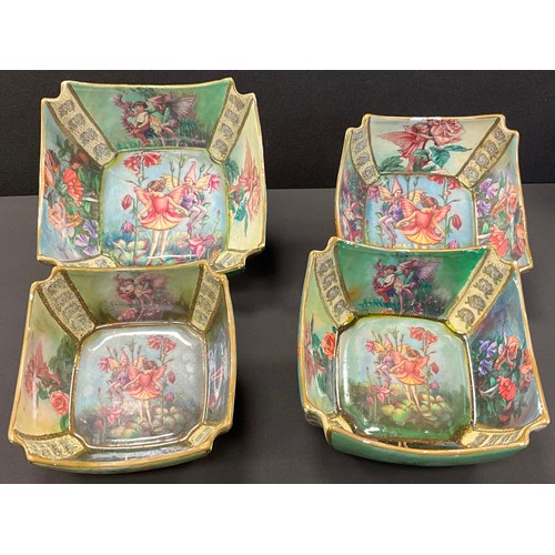 356 - A graduated set of four Carlton’s Fantasia ware Burslem Fairy bowls, canted sides, transfer printed ... 