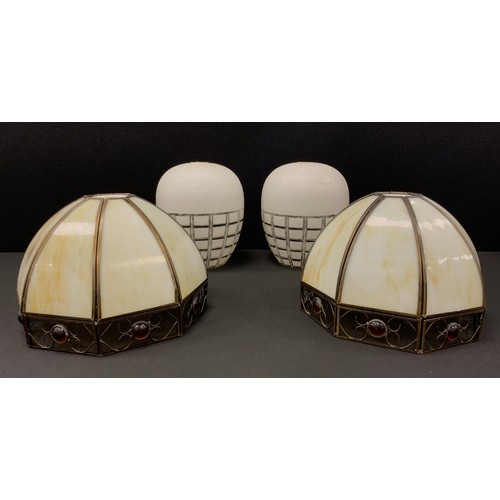 359 - A pair of clear and white glass lamp shades, with banded and tapering black and white laddered decor... 