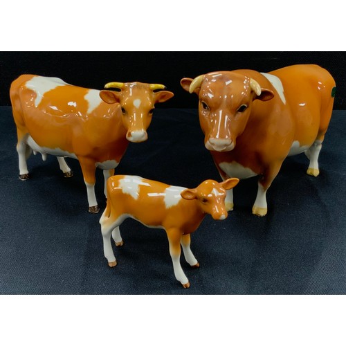 366 - Beswick Guernsey cows including; CH Sabrina’s Sir Richmond, similar smaller, calf, all mark to base ... 