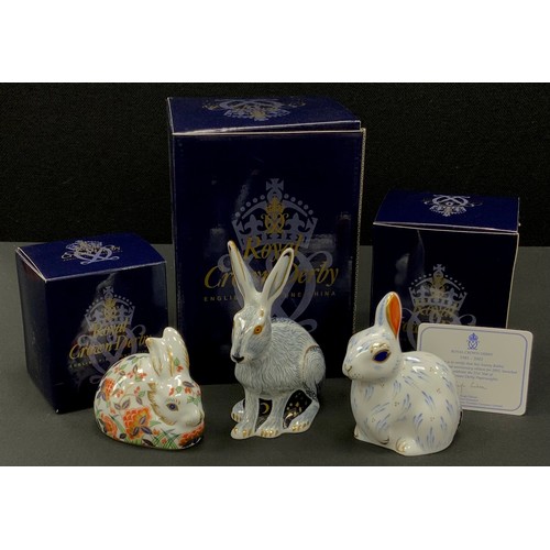 374 - Royal Crown Derby paperweights including; Starlight Hare, 13cm high, Meadow Rabbit, Snowy rabbit, al... 