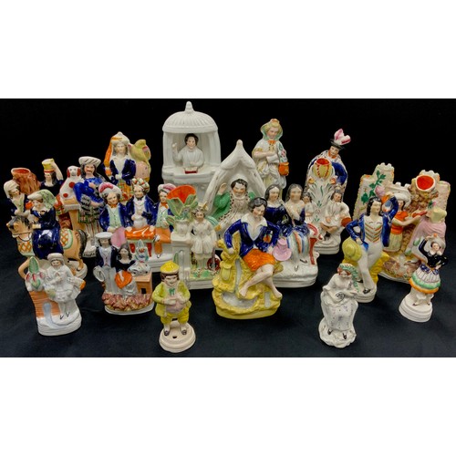 377 - A collection of 19th century Staffordshire flatbacks including; Highland Lad, 21cm high, Clocktower,... 