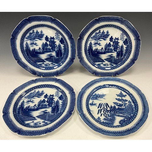 400 - A set of three 19th century English blue and white octagonal dinner plates and another similar, tran... 