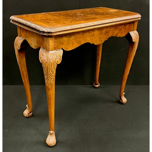 401 - A Georgian style walnut and burr walnut card table, lift-over top with baize playing surface to inte... 