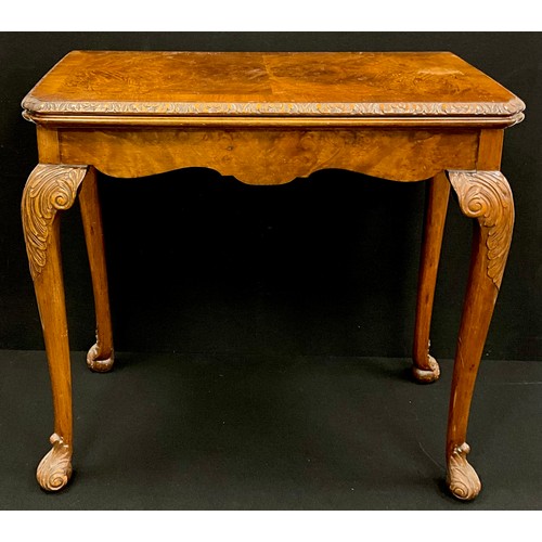 401 - A Georgian style walnut and burr walnut card table, lift-over top with baize playing surface to inte... 