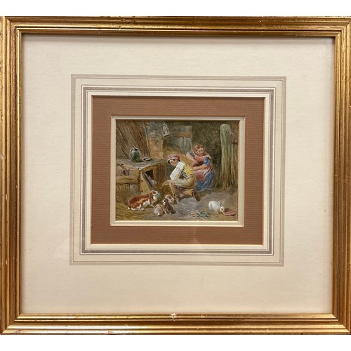 405 - English School (19th century) 
Tending the Rabbits 
unsigned, oil on board, 10cm x 12cm