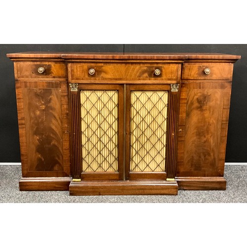 408 - A Regency style mahogany break-centre Chiffonier, with brass stringing to the slightly over-sailing ... 