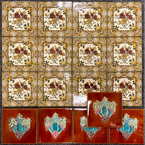 416 - A set of twelve Sherwin and Cotton square six inch glazed ceramic tiles, c.1880;  and five Art Nouve... 