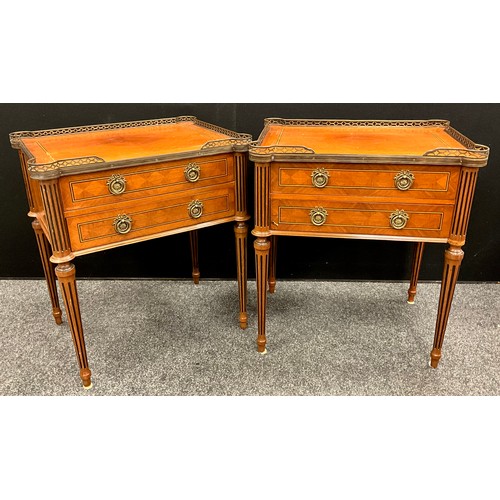 417 - A pair of French Directoire style mahogany side cabinets, pierced brass galleried tops, above a pair... 