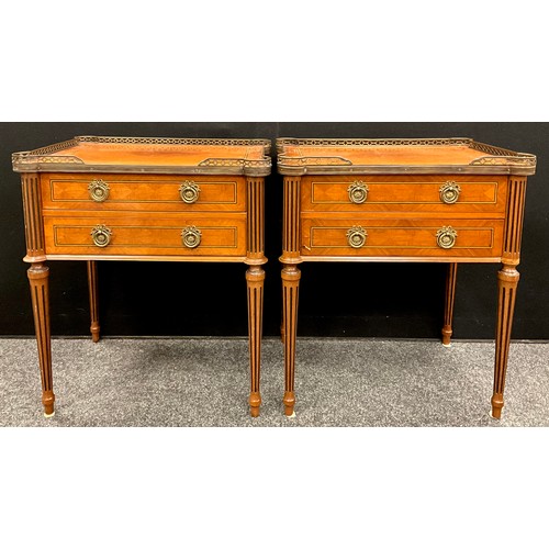 417 - A pair of French Directoire style mahogany side cabinets, pierced brass galleried tops, above a pair... 