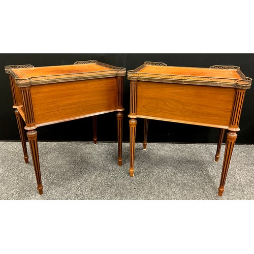 417 - A pair of French Directoire style mahogany lamp tables or side cabinets, pierced brass galleried top... 