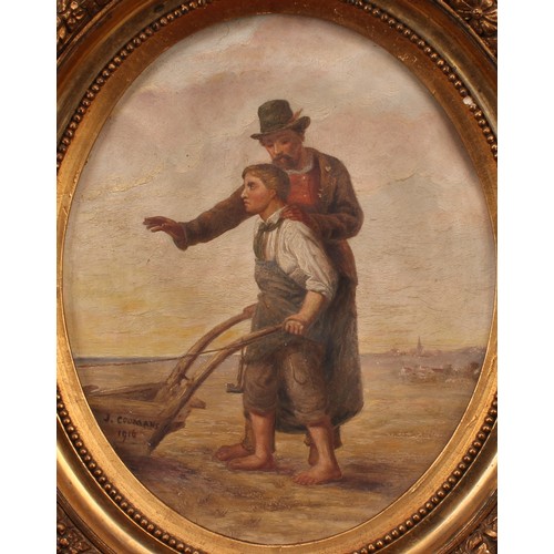 419 - J Coomans (early 20th century)
A Word of Advice, A Young Ploughman and His Father
signed, oil on can... 