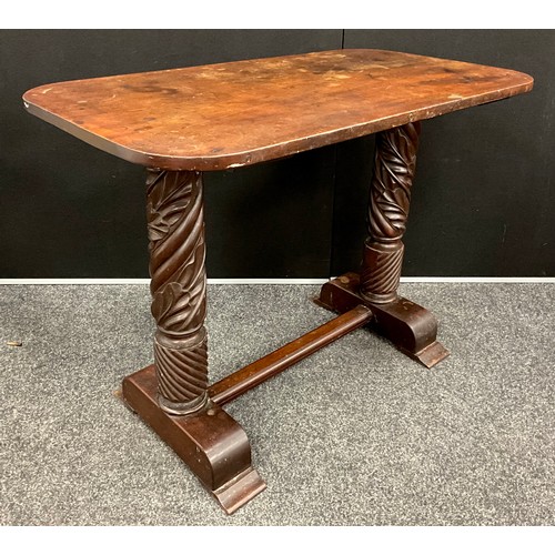 451 - A 19th century carved mahogany side table, rounded rectangular top, the twin pillar base carved with... 