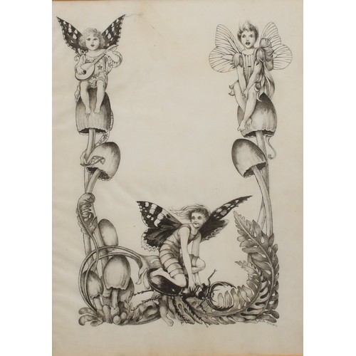 454 - W.M. (Arts & Crafts School)  Fairies  monogrammed, dated 29/3/1902, ink on silk, 23cm x 16.5cm