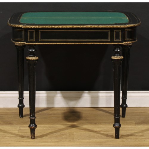 456 - A Napoleon III gilt metal mounted ebonised and brass marquetry card table, hinged top enclosing a ba... 