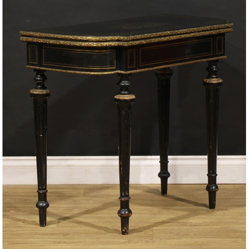 456 - A Napoleon III gilt metal mounted ebonised and brass marquetry card table, hinged top enclosing a ba... 