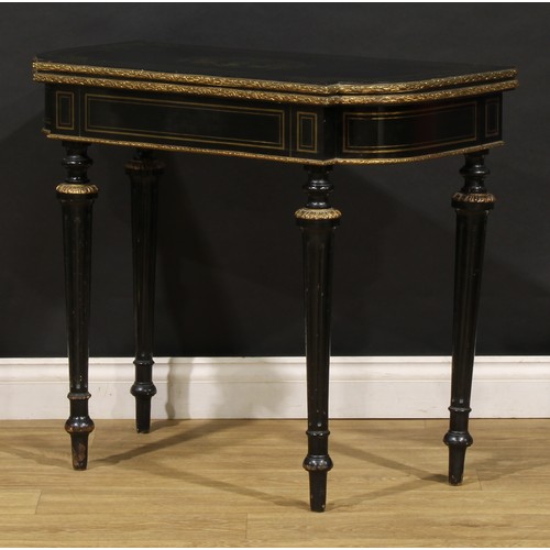 456 - A Napoleon III gilt metal mounted ebonised and brass marquetry card table, hinged top enclosing a ba... 